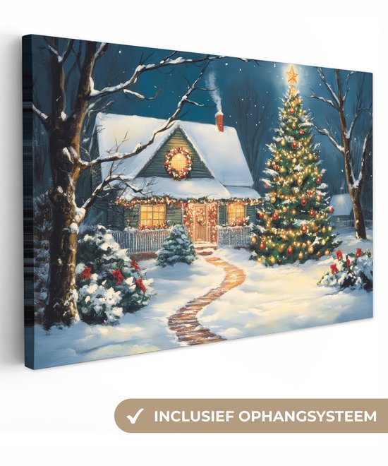 Canvas schilderij 140x90 cm - Wanddecoratie Kerst - Kerstboom - Winter - Huis - Sneeuw - Muurdecoratie woonkamer - Slaapkamer decoratie - Kamer accessoires - Schilderijen op canvas - Kerstdecoratie voor binnen - Kerstversiering - Kerstmis versiering