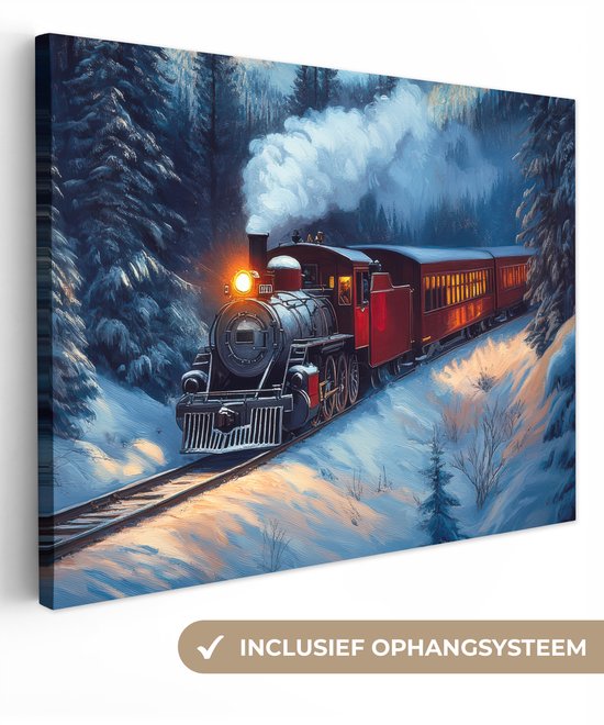 Canvas schilderij 80x60 cm - Wanddecoratie Trein - Kerst - Sneeuw - Kersttrein - Muurdecoratie woonkamer - Slaapkamer decoratie - Kamer accessoires - Schilderijen op canvas - Kerstdecoratie voor binnen - Kerstversiering - Kerstmis versiering