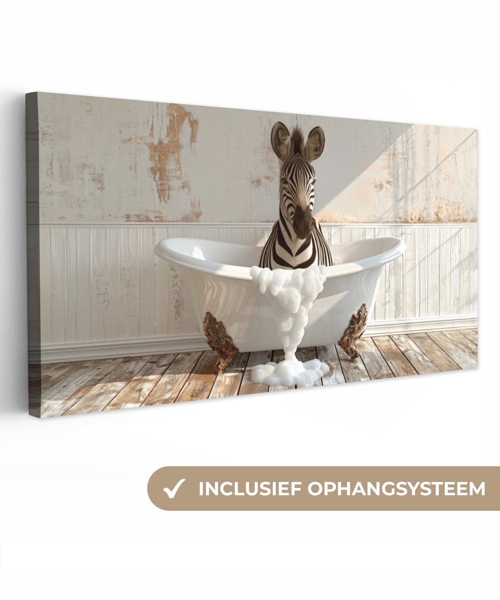Canvas schilderij 100x50 cm - Wanddecoratie badkamer Vintage - Zebra - Wilde dieren - Badk