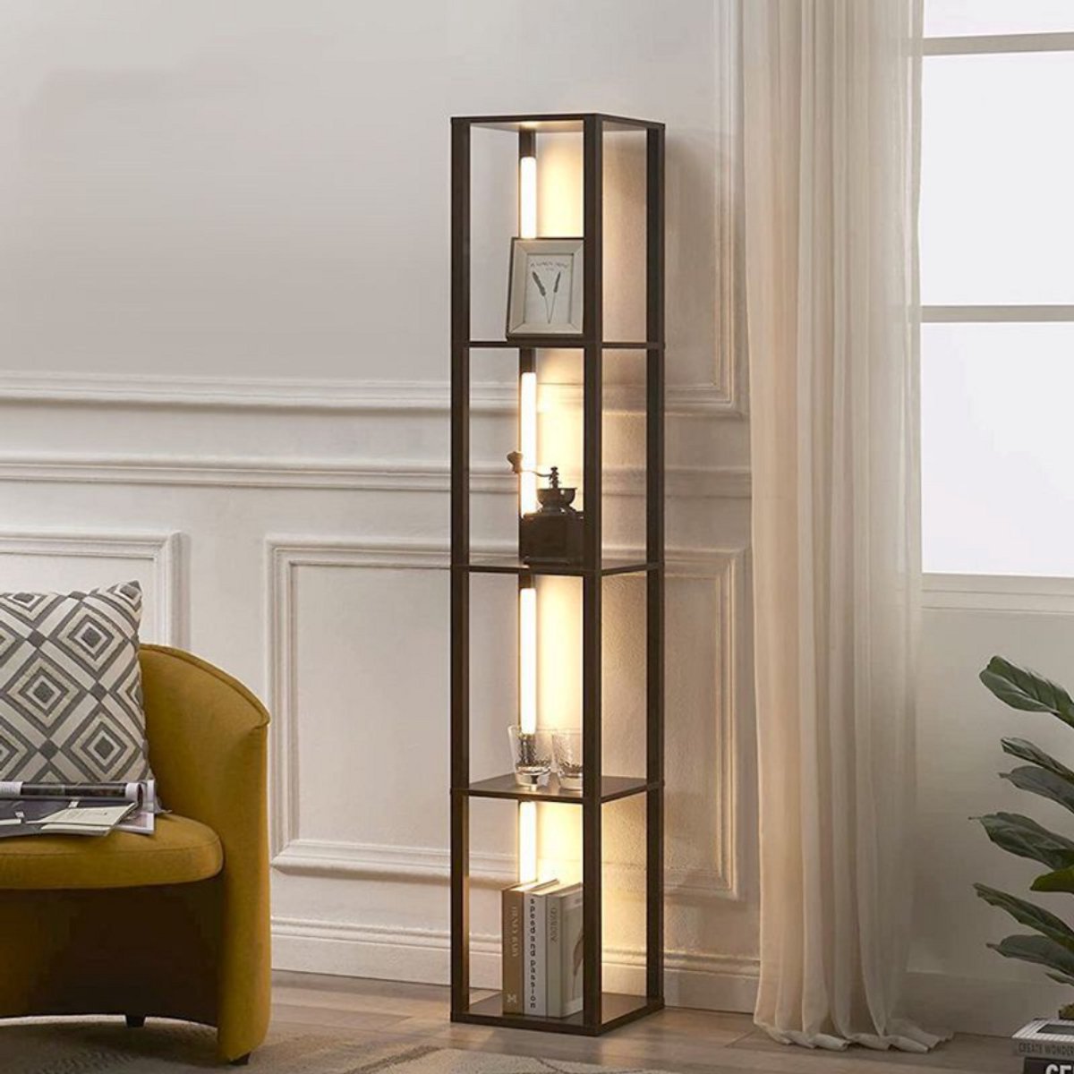 Livista® Staande Lamp – Dimbare LED Verlichting – Met Voetschakelaar – 4 Open Planken – Modern & Functioneel – 163 cm Hoog – Zwart – Perfect voor Woonkamer, Slaapkamer of Kantoor