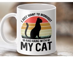 Mok I Just Want to Workout and Hang With My Cat, Retro Cat Mug, Funny Cat Lover Cadeau, Kattenmok, Huisdierenliefhebber