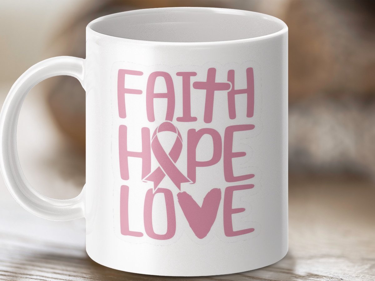 Mok Faith Hope Love Lint Bewustzijn, Borstkanker, Geef, Geschenk Idee, Steun, Roze Lint Mok