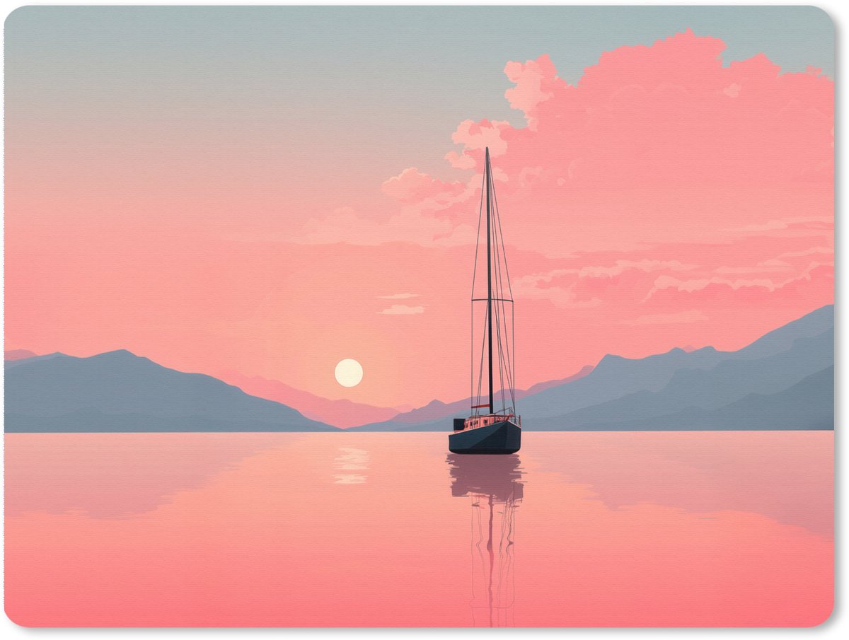 Muismat XXL 80x60 cm - Bureau onderlegger - Bureau mat Zeilboot - Roze zee - Zonsondergang - Bergen - Bureaumat - Gaming mousepad xl - Bureaulegger groot - Computer deskmat