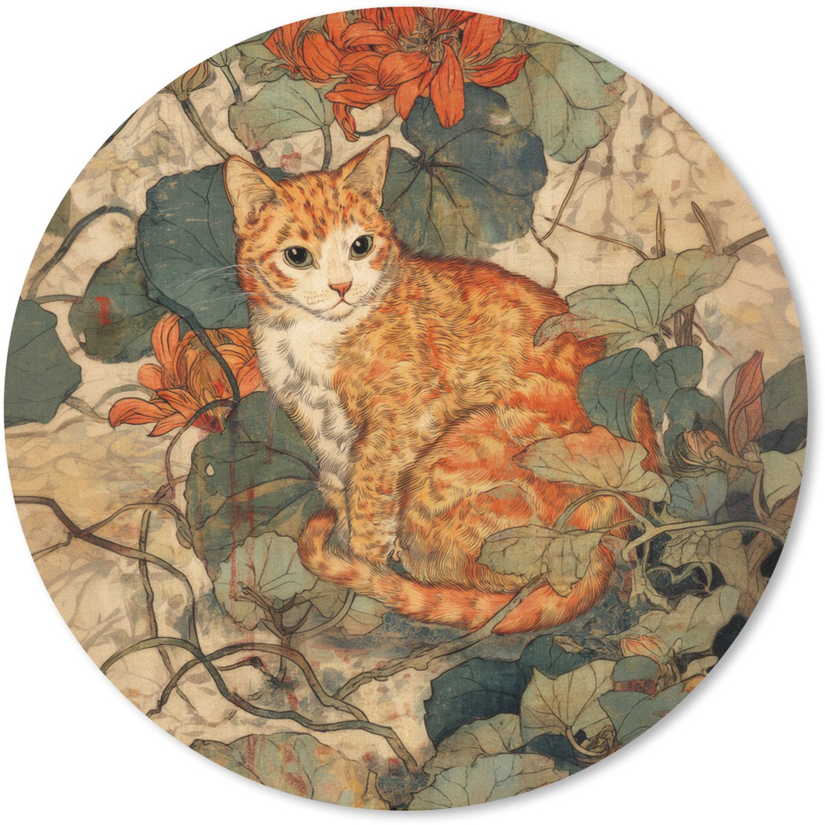 Muismat rond 40x40 cm - Mousepad Kat - Sierlijk - Bloemen - Ronde muismatten