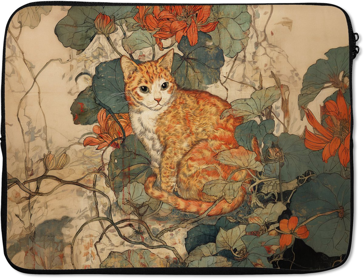 Laptophoes 15.6 inch - Kat - Sierlijk - Bloemen - Laptop sleeve - Binnenmaat 37x26 cm - Zwarte achterkant