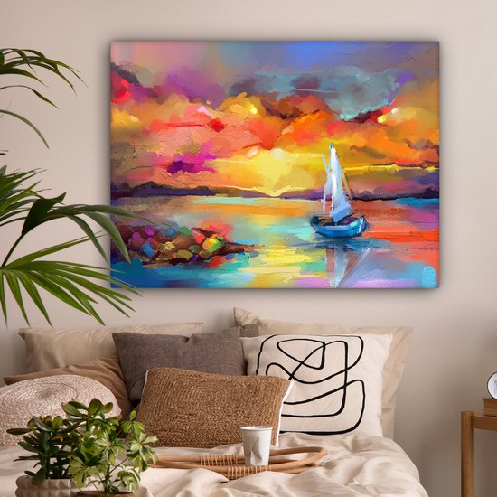 Toile - Huile - Peinture - Bateau - Nuages ​​- Couleurs - 120x90 cm - Intérieur - Peintures sur toile