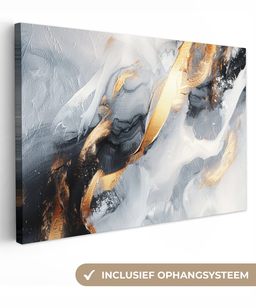 Canvas schilderij 150x100 cm - Wanddecoratie Abstract - Goud - Verf - Aesthetic - Art - Muurdecoratie woonkamer - Kamer decoratie modern - Abstracte schilderijen