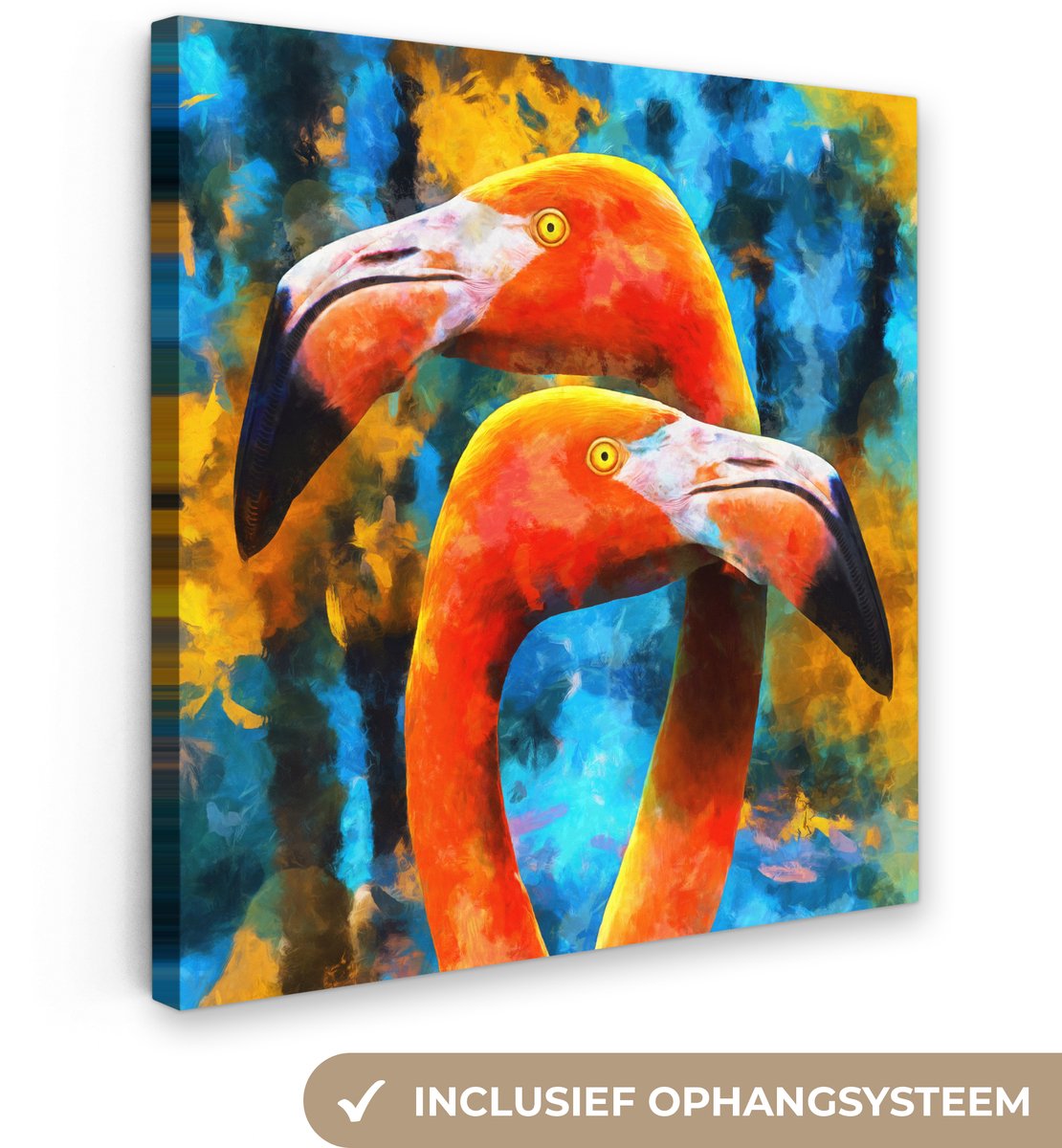 Canvas - Schilderij - Olieverf - Flamingo - Dieren - Kleuren - 50x50 cm - Schilderijen op canvas - Muurdecoratie