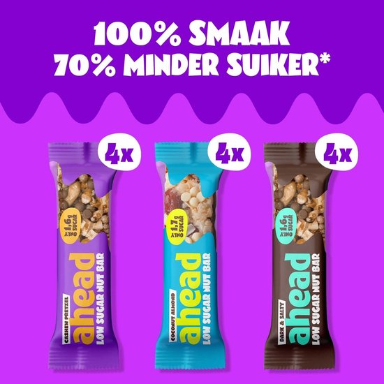 Drie Ahead low sugar nut bars: Cashew Pretzel (paars), Coconut Almond (blauw), Dark & Salty (bruin). Elk met 4x vermelding.
