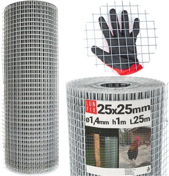 LUN FIX - Volierendraht - acier galvanisé - 25x25 - Ø 1,4 mm - 1m x 25m - fil pour lapins, treillis métallique, treillis soudé, treillis pour taupes pour le jardin, grillage