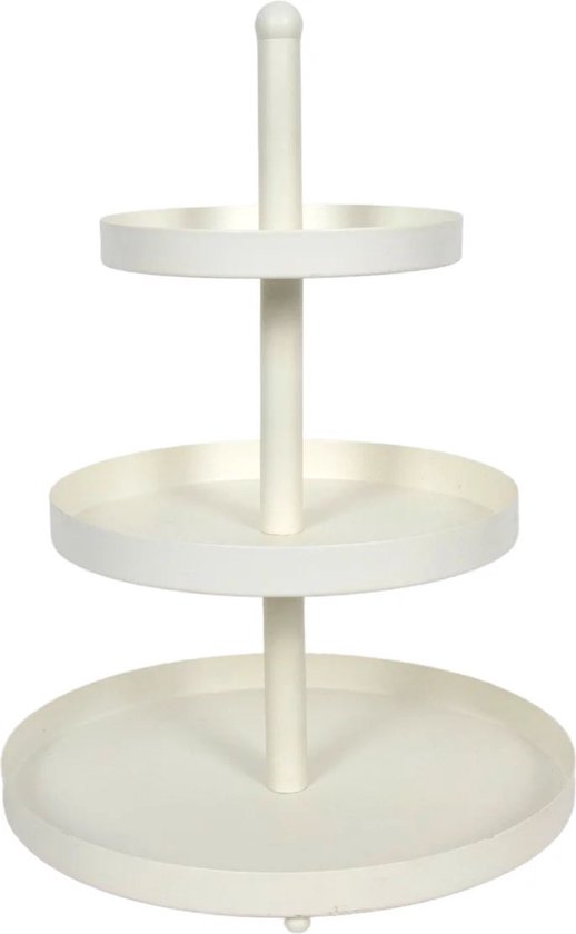 Crème drielaagse etagère met ronde plateaus en een centrale staander, geïsoleerd op witte achtergrond.