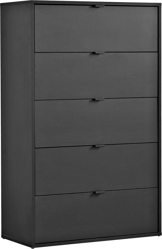 Donkergrijze commode met vijf laden, strak design.