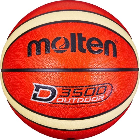 Oranje Molten basketbal met zwarte lijnen en gele accenten. "molten" logo en "D 3500 OUTDOOR" tekst.