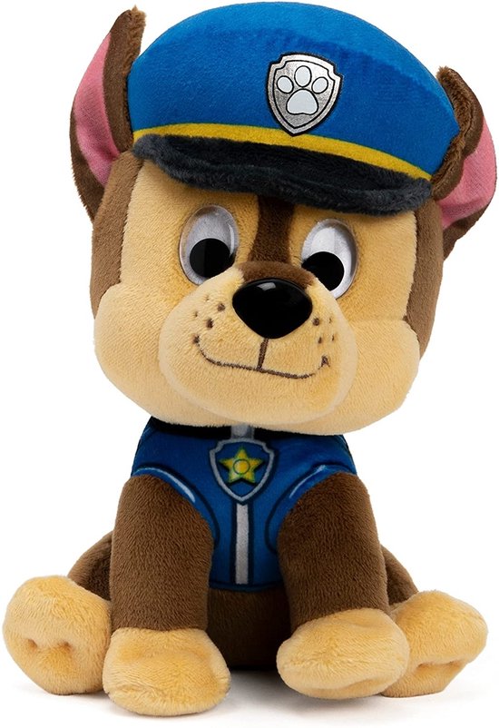 Bruine hond Chase van Paw Patrol met blauwe pet en uniform, zittend.