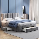 HAUSS SPOLE Tweepersoonsbedden 140x200 cm - Gestoffeerd Bed Met 4 Lades - Praktisch Bed Met Opbergruimte, Inclusief Lattenbodem - Hout - Grijs
