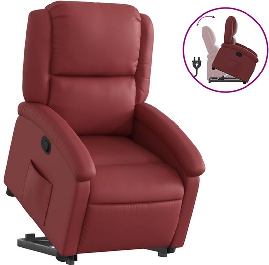 Bordeauxrode sta-op-fauteuil van kunstleer, met een cirkelvormige illustratie die de heffunctie toont.