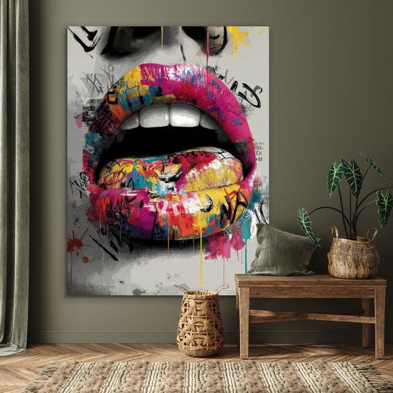 Tableau sur aluminium 120x160 cm - Décoration murale en métal - Lèvres - Graffiti - Expressif - Décoration murale en métal pour salon - Décoration industrielle - Photo sur Dibond - Accessoires industriels pour chambre