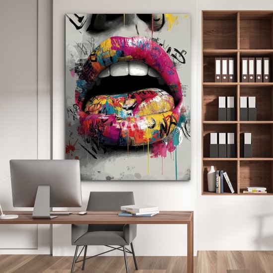 Tableau sur aluminium 120x160 cm - Décoration murale en métal - Lèvres - Graffiti - Expressif - Décoration murale en métal pour salon - Décoration industrielle - Photo sur Dibond - Accessoires industriels pour chambre