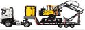 Gele LEGO Technic Volvo FMX truck met aanhanger en graafmachine, met afmetingen.