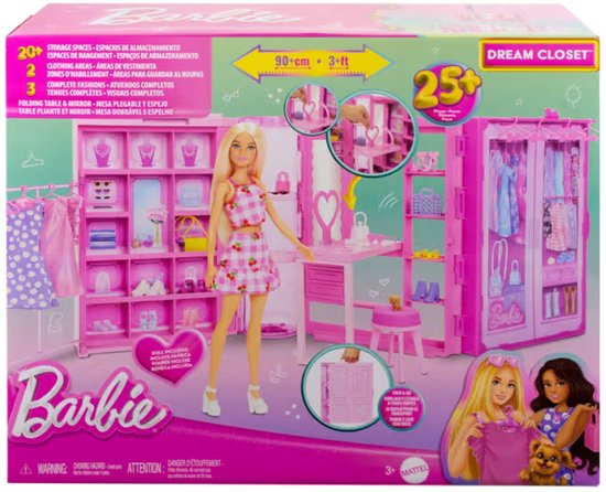 Barbie Super Kledingkast – Modepop met 25+ Stukken, Roze Glitterkast & Kaptafel