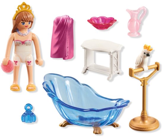 Princess speelgoedset met prinses, badkuip, papegaai, tafel en accessoires.