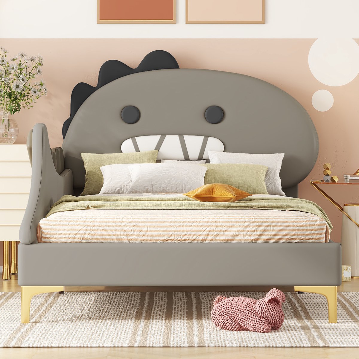 Kinderbed 90x200 cm Cartoon Dinosauriform Flatbed PU-materiaal Grijs