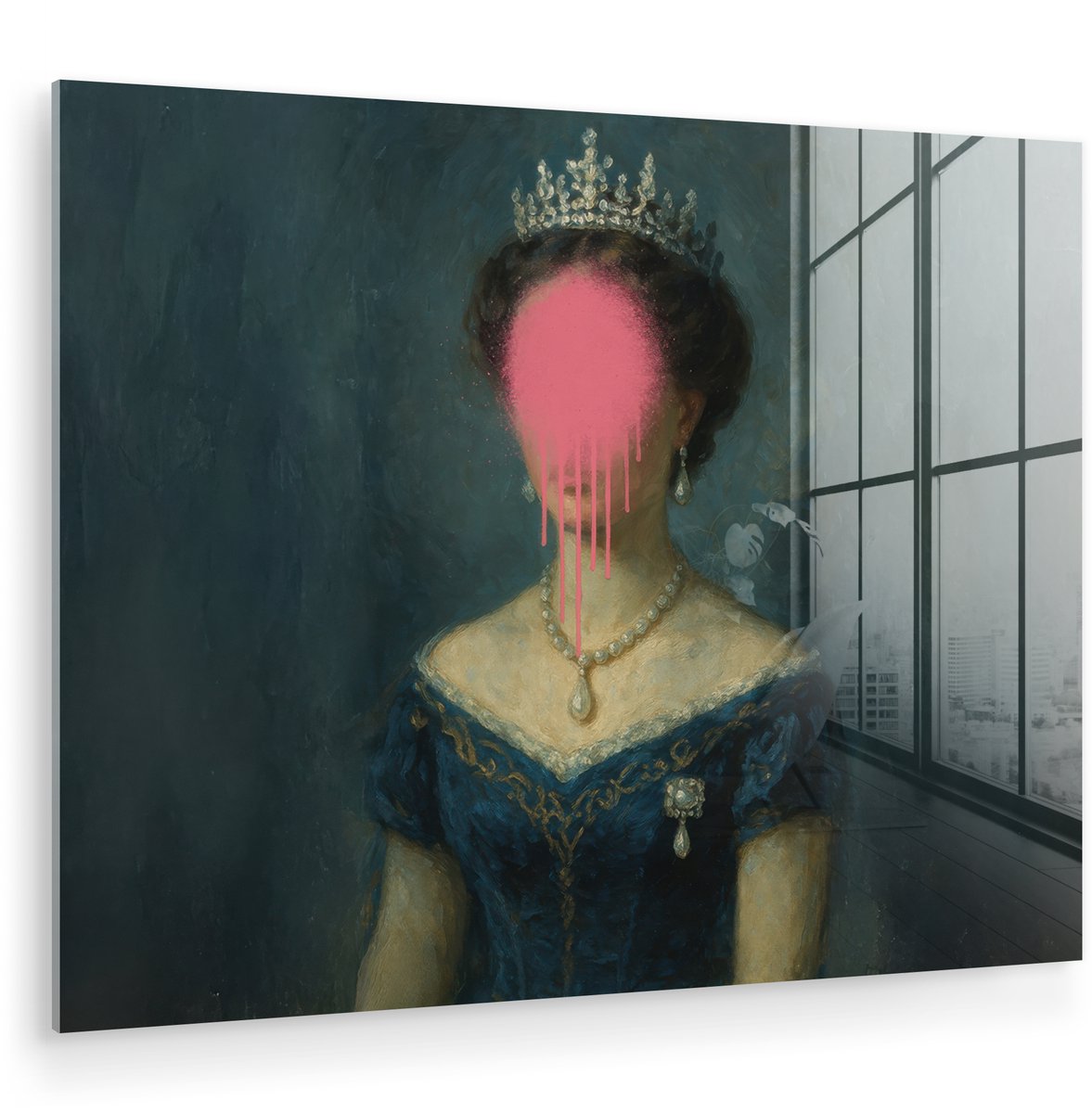 MuchoWow® Glasschilderij 120x90 cm - Schilderij acrylglas - Kroon - Roze druipend verf - P