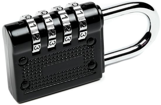 Zwart cijferslot met 4 rollen, ingesteld op 2-1-2-3. Metalen beugel.