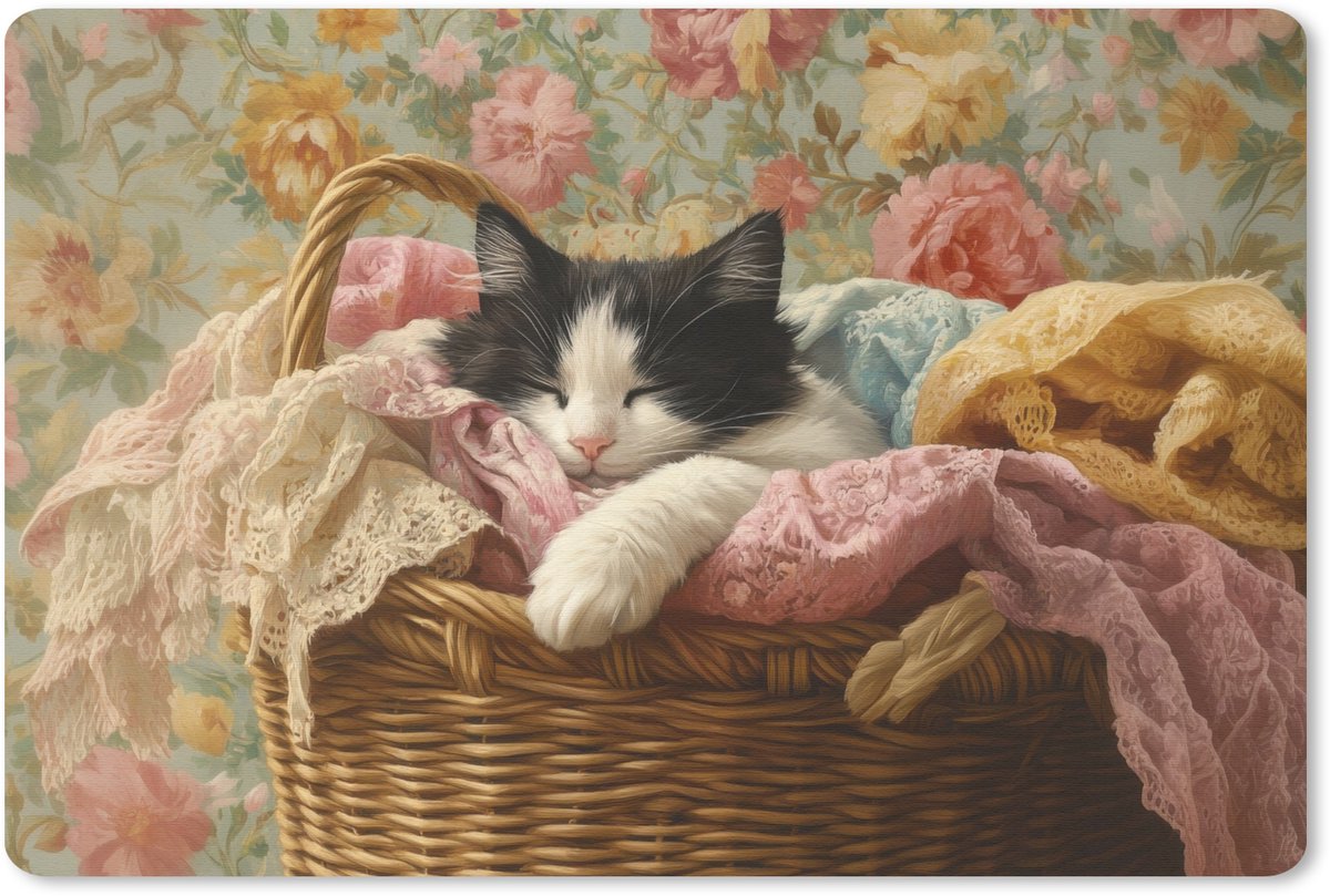 Muismat 27x18 cm - Mousepad Kat - Bloemenprint - Rieten mand - Muismatten
