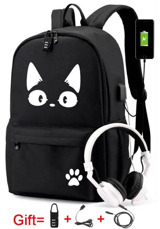 Zwarte kat bedrukte USB-rugzak - met ketting & hoofdtelefoonpoort - schooltas & reislaptoptas