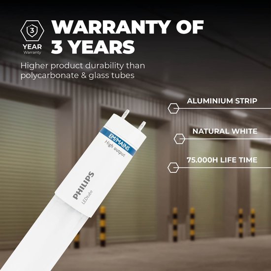 Philips LEDtube met vermelding 'Aluminium strip', 'Natural White' en '75.000H Life Time'.