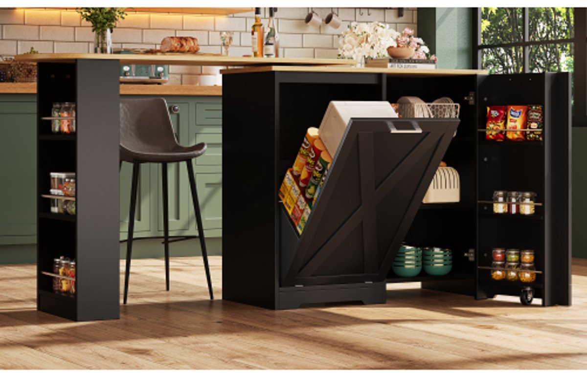 360° draaibare eettafel, eenvoudig en modern, multifunctionele opbergruimte, geschikt voor slaapkamer, woonkamer, eetkamer, draaibare dressoirkast met zijplanken, zwart, met klepdeur