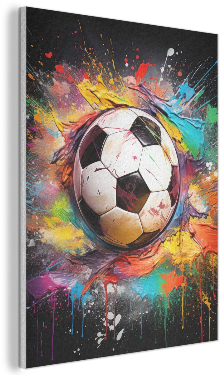 Akoestisch wandpaneel 50x70 cm - Vilt schilderij Voetbal - Verf - Kleuren - Zwart - Wit - 