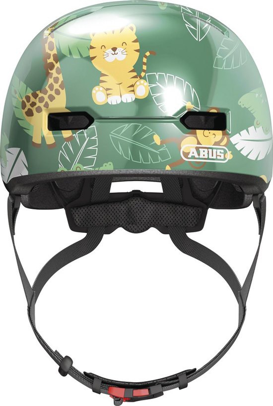 Groene helm met jungleprint, zicht op voorkant: tijger, aap, giraffe.