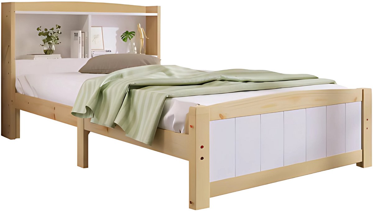 Happiq Eenpersoonsbed - Kinderbed - Kinderbedden - Voor Kinderen of Jeugd - Met Opberghoofdeinde & Lattenbodem - Grenenhout in Natuurlijk Wit - 90x200cm Houtlook