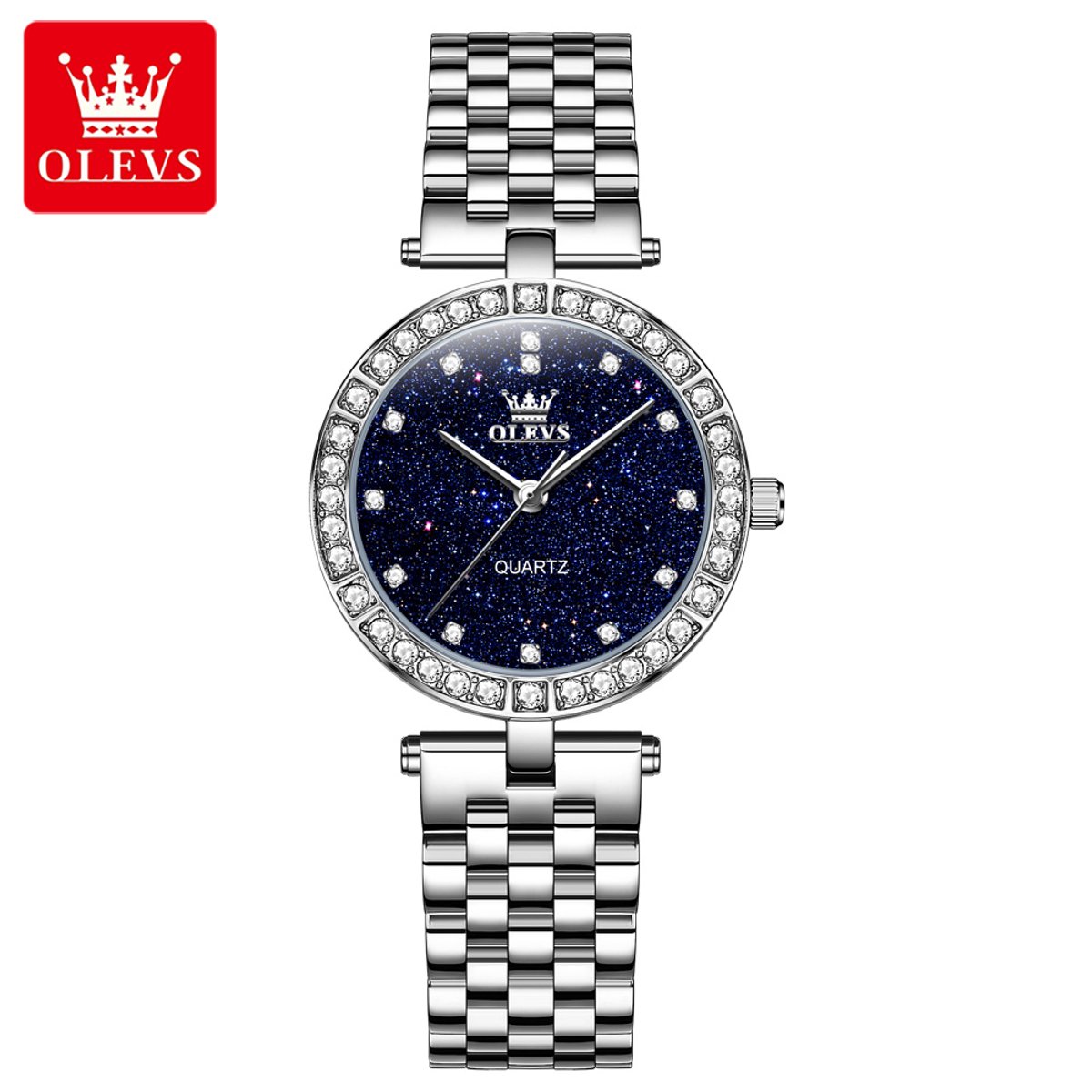 HO-3641 : Olevs dames edelstaal quartz horloge, sterren op blauwe wijzerplaat, diamantzirkonia