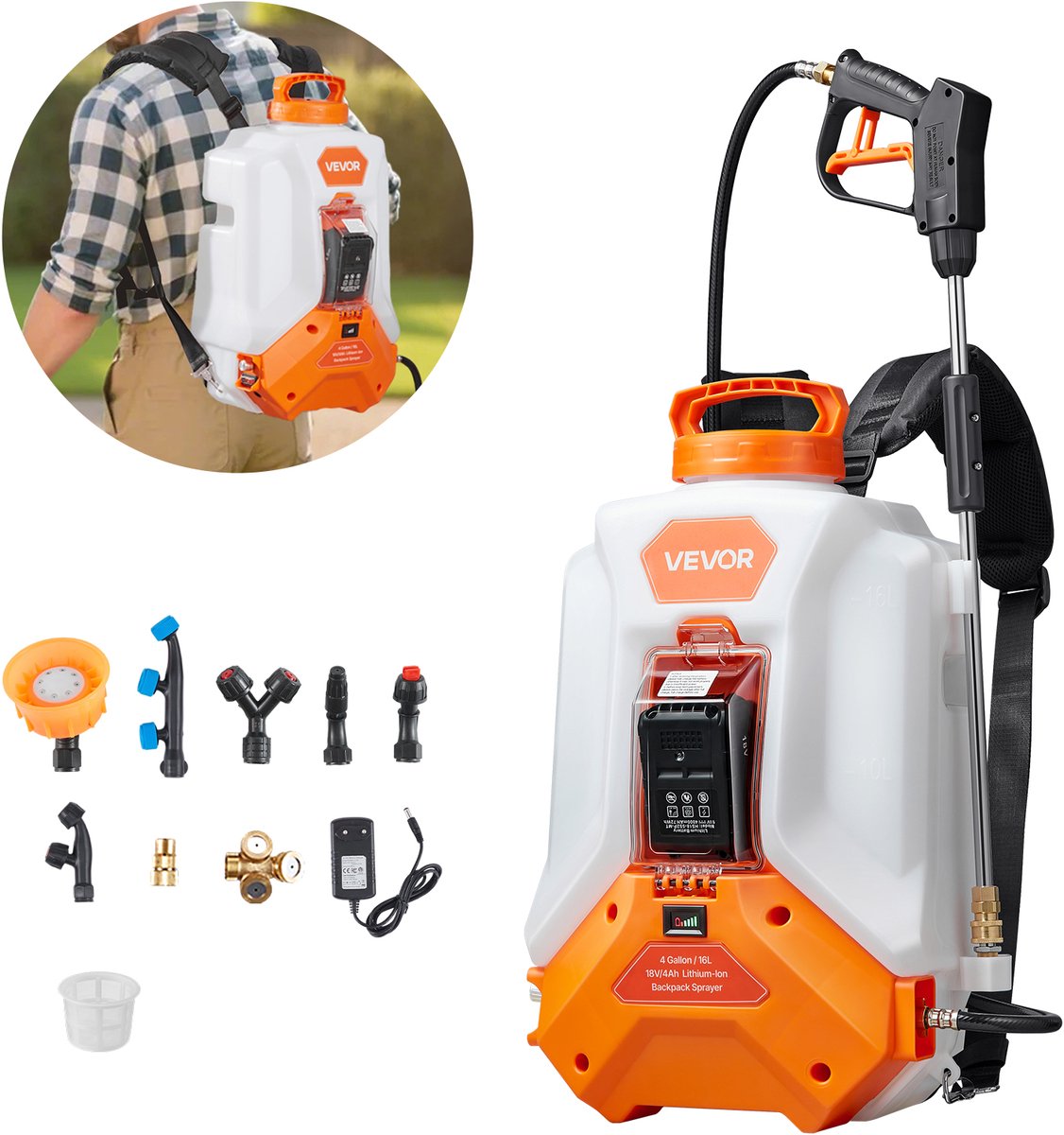 VEVOR Accu drukspuit 16 liter - Druksproeier met 2 stokken en 8 mondstukken - voor Weeding Spraying Reiniging
