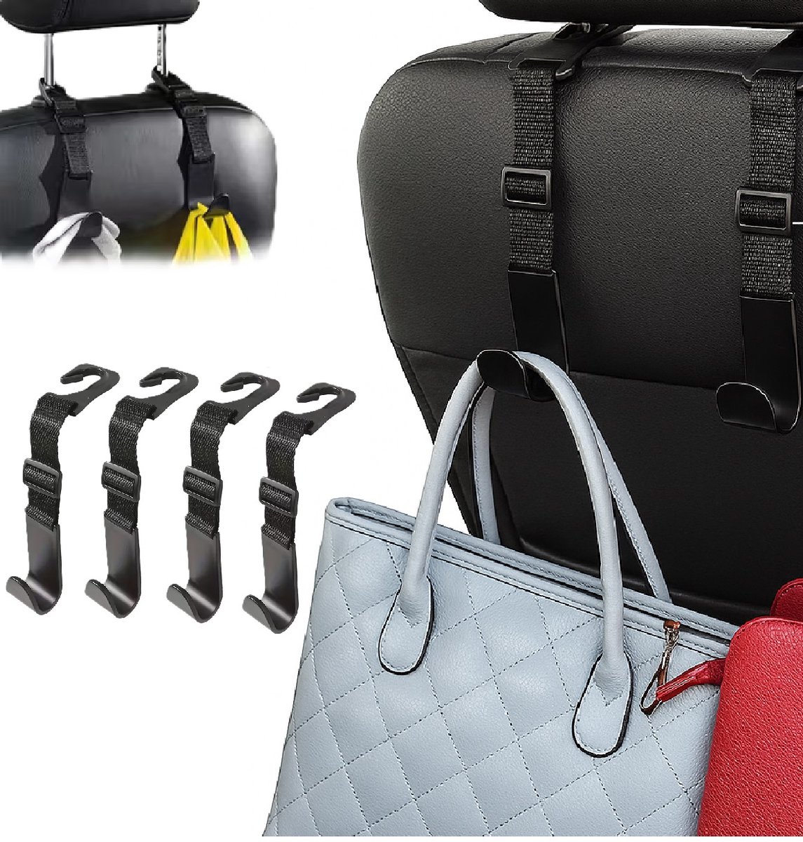 Image of 4 Stuks Verstelbare Autostoel Haak – Zwarte Tashanger voor Auto | Sterke PVC & Nylon Haken | Auto Organizer Accessoires | Universeel Geschikt | 20–25 cm