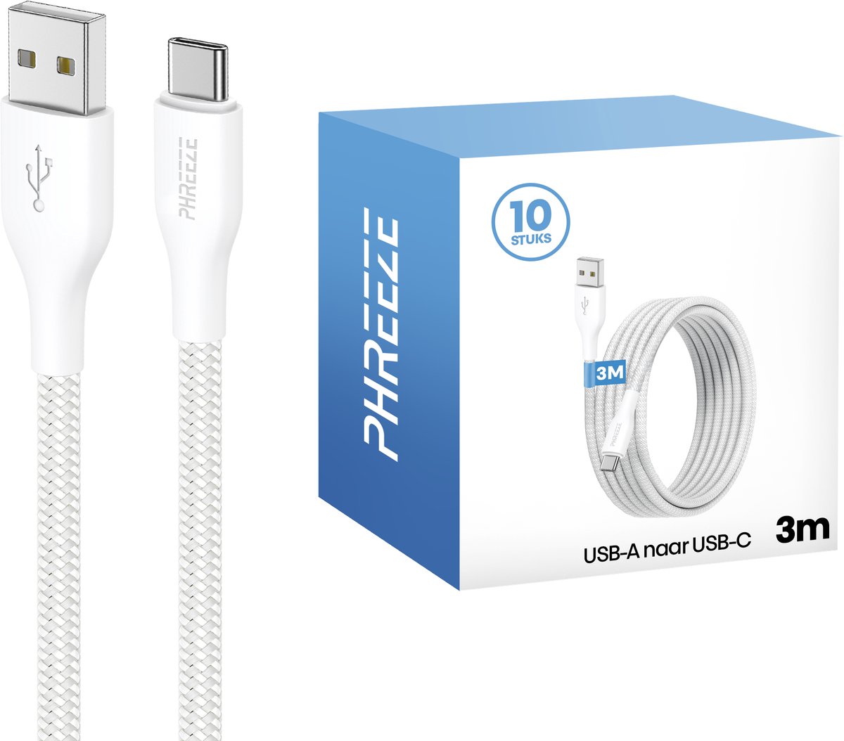 Multipack usb C naar usb kabels - 3 meter - Bundel van 10 stuks