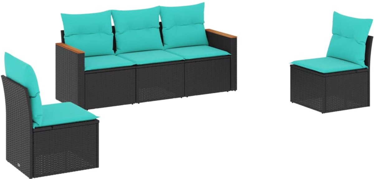 vidaXL - 5-delige - tuinbankset - met - kussens - van - zwart - polyrotan