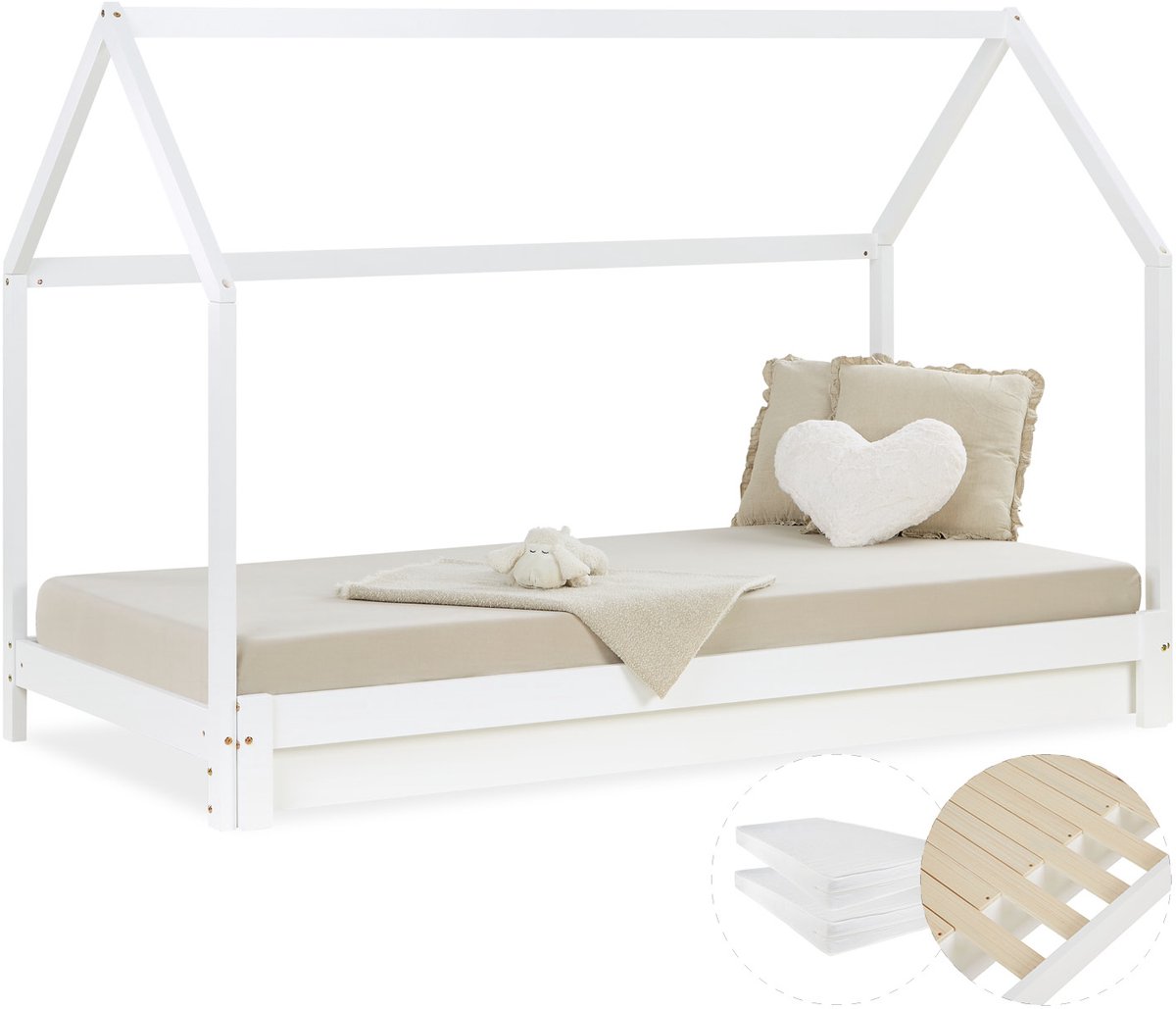 Homestyle4u Kinderbed - Hout bed - Huisbed - uitschuifbaar - met 2 matrassen - Wit