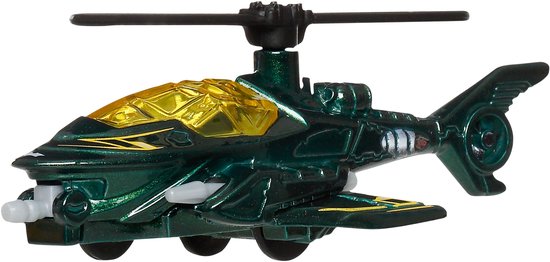 Donkergroene speelgoedhelikopter met gele cockpit en zwarte rotorbladen.