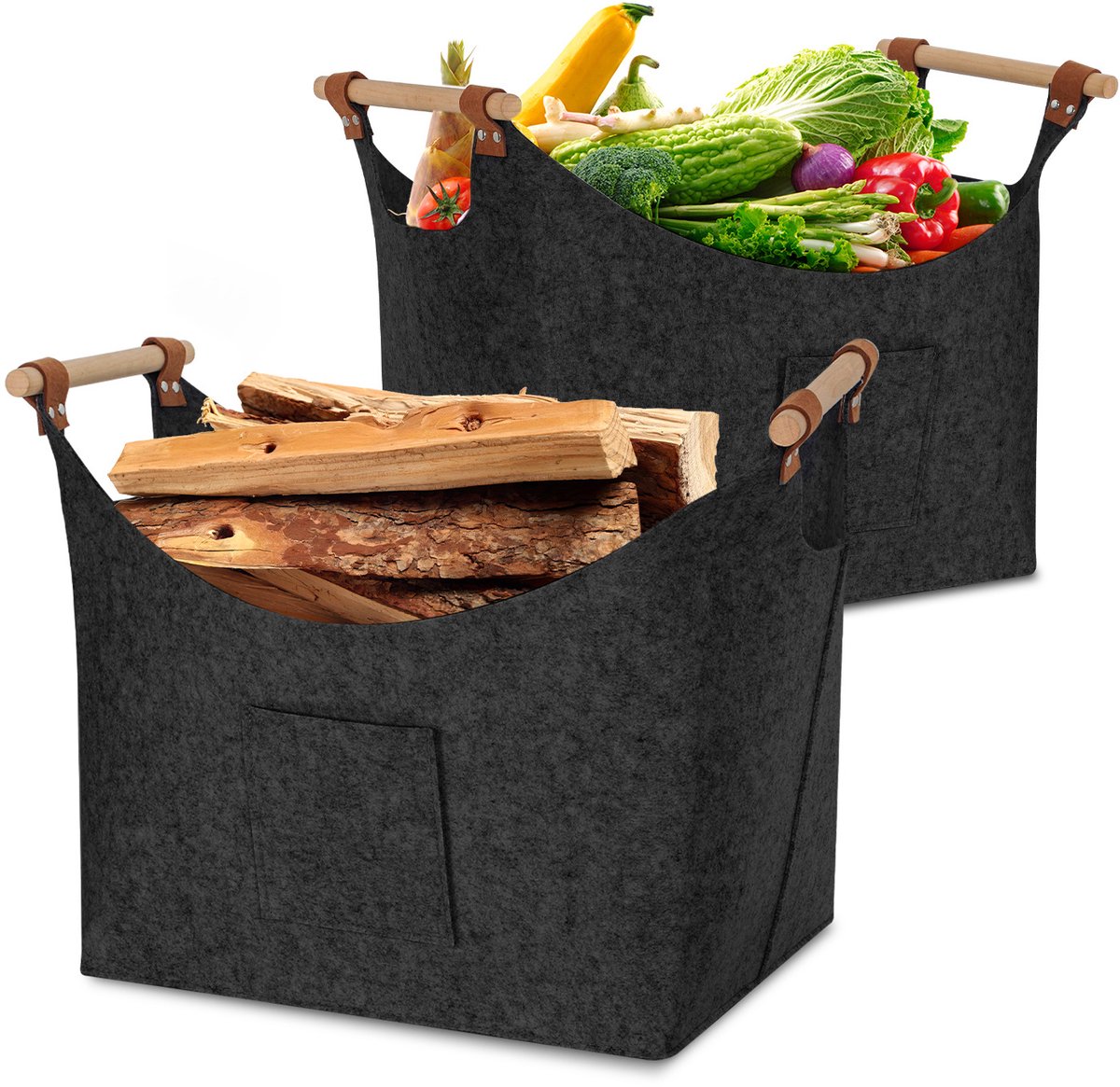 2x Houtmand vilt - opvouwbare Haardhout Mand - Houtmand voor binnen - 5 mm dik vilt - houten mand voor haardhout voor boodschappen, hout, krant of brandhout - Donkergrijs