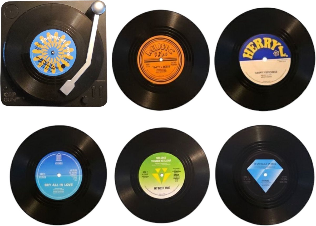 LP Vinyl Onderzetters - 6 stuks + houder in de vorm van een platenspeler