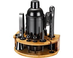 Cocktail Shaker Set Met Bamboe Standaard - 12 Delige RVS Bartender Set Met Cocktail Recepten - Luxe Bar Accessoires Voor Thuis - Drink Mixer Cadeau Voor Mannen En Vader - Zwart