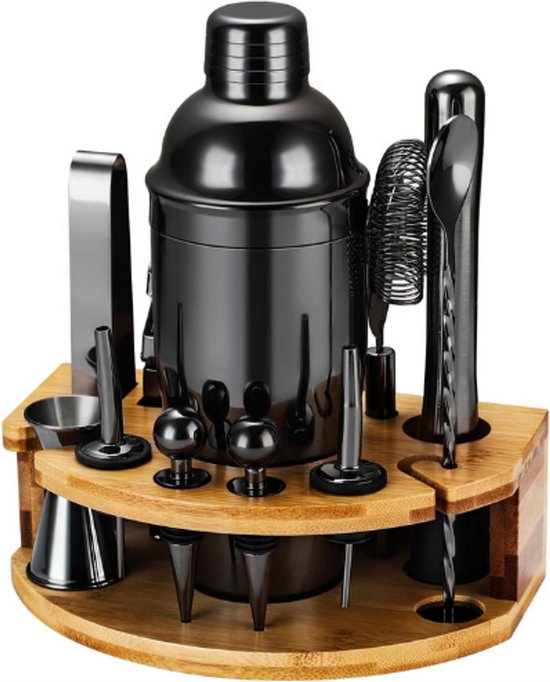 Cocktail Shaker Set Met Bamboe Standaard - 12 Delige RVS Bartender Set Met Cocktail Recepten - Luxe Bar Accessoires Voor Thuis - Drink Mixer Cadeau Voor Mannen En Vader - Zwart