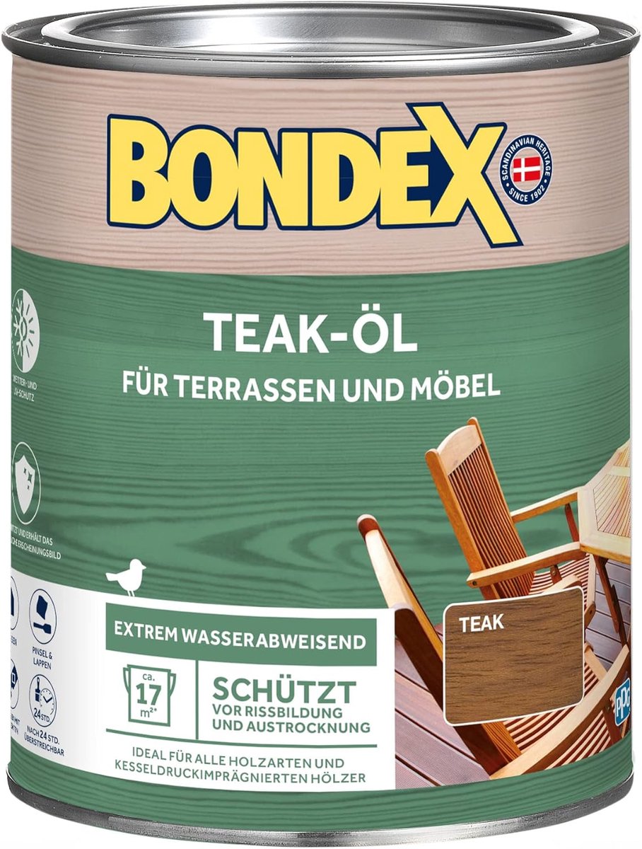 Bondex Teakolie Teak 0,75 L voor 17 m² | Extreem waterafstotend | Beschermt tegen scheuren en uitdroging | Ademend | Mat | Houtolie | Houtbescherming