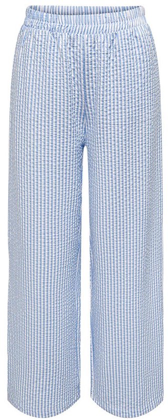 Blauwe seersucker broek met verticale krijtstrepen, losse pasvorm, wijde pijpen, elastische tailleband.