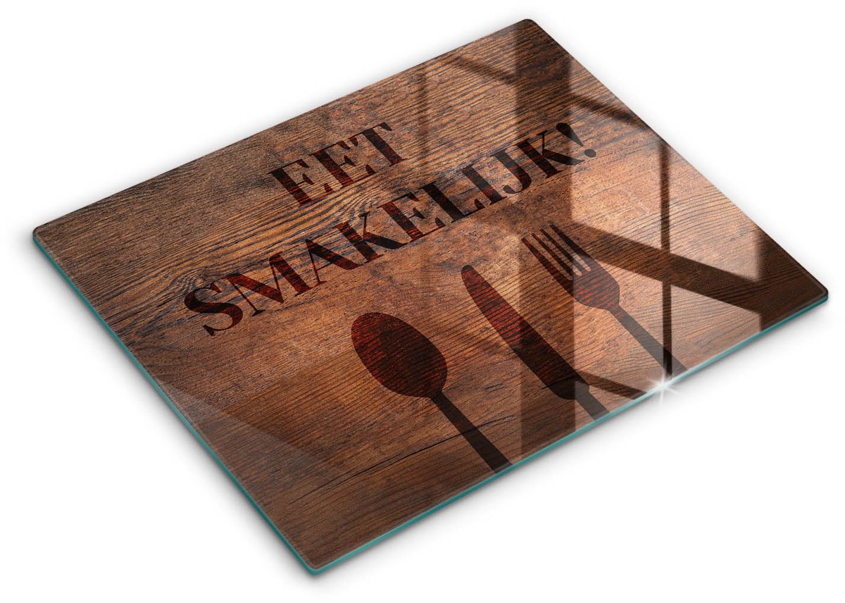 Wallfluent Glazen Snijplanken - Motief: Eet smakelijk! Snijplanken Glas - 40 cm x 52 cm - Bruin Snijplanken van Glas - Glazen Snijplank - Hygiënische Snijplank van Glas - Antislip Hakplank van Glas