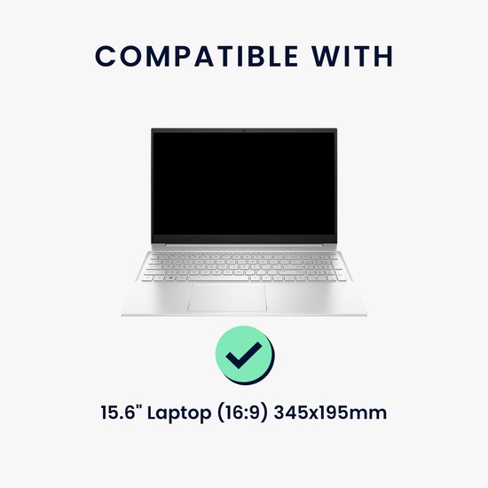 Een zilverkleurige laptop met een zwart scherm toont een checkmark en tekst over compatibiliteit met 15.6" laptops.